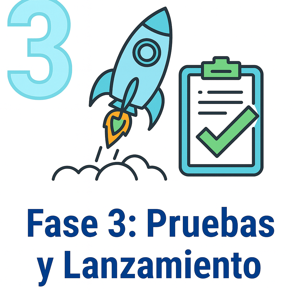 Proceso GabVehStudio Paso 3: Pruebas de Calidad (QA) y Lanzamiento Tercer y último paso del proceso: pruebas de calidad (QA) y lanzamiento del sitio web con cohete despegando.