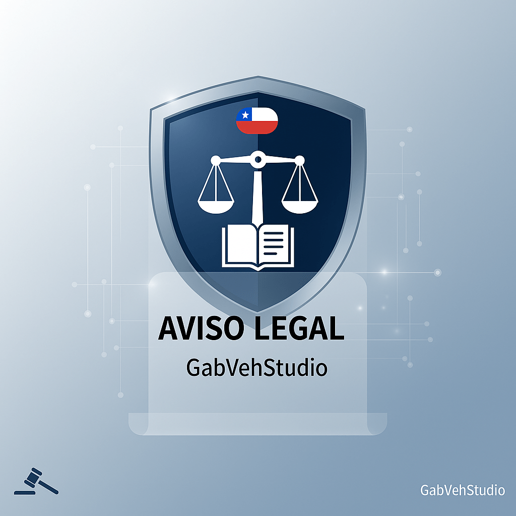 Ilustración de un aviso legal con un escudo azul, balanza de justicia, libro abierto y bandera de Chile, acompañado del texto GabVehStudio.